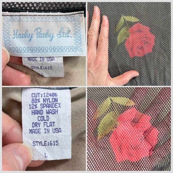 Vintage Rose Print Mesh Tee, 1990s Black & Red Fishnet Top by Hanky Panky, Sz L - Picture 9 of 15